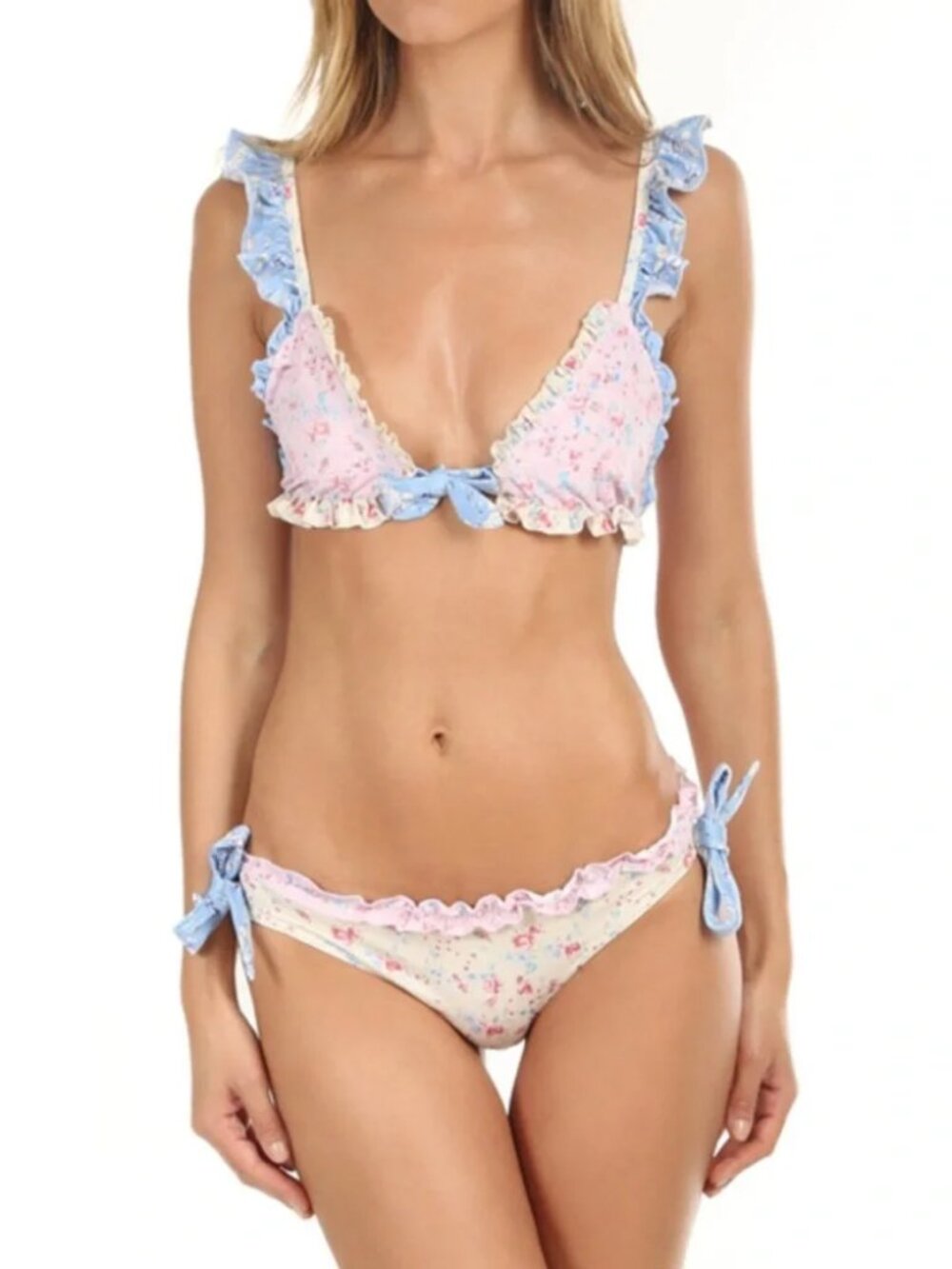 Womens LoveShackFancy Kimberly Blue Yellow Floral (Item-28) Smock Swim Bikini XS